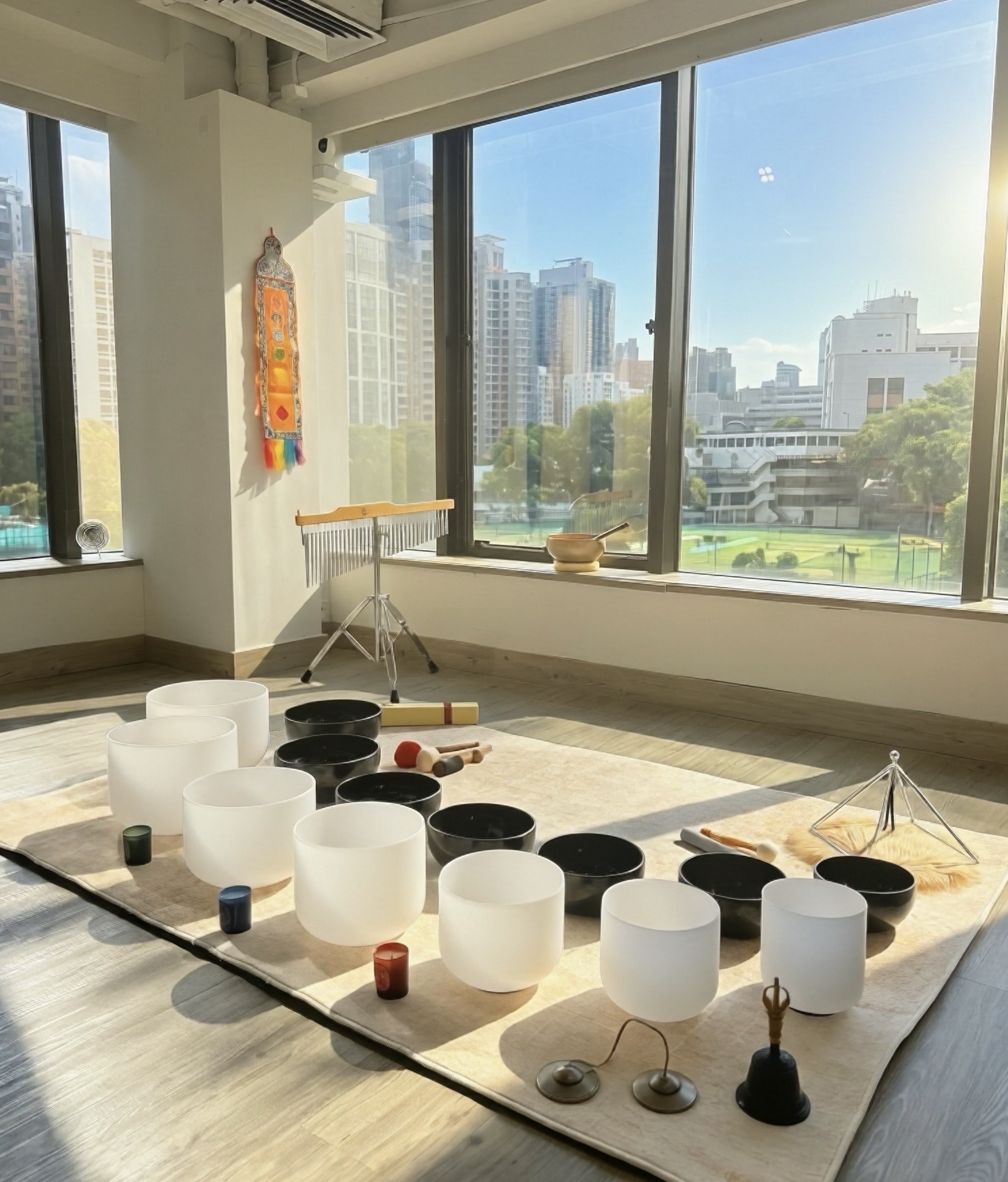 WHM studio with singing bowls in warm morning light